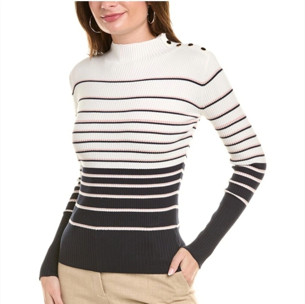 Ted Baker London Wanada Stripe Mock Neck Sweater Womens Size 6 White Metallic